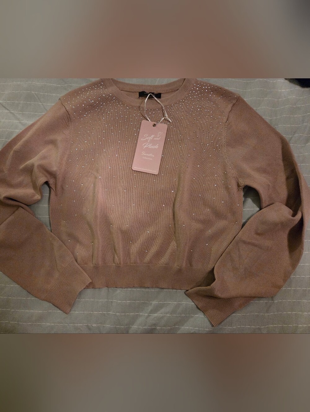 Women’s Khaki Crewneck Sweater with Embellishments